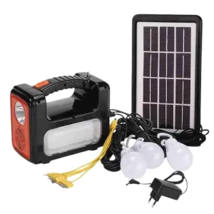 Dat At-9011 Solar Lighting Kit with FM Radio, 4 Led Bulbs, Torch, Charging Kit The Dat At-9011b is a reliable solar lighting kit that has 4 low consumption LED bulbs and a USB multi adapter snake cable that allows you to charge your phones from an internal 6V4ah rechargeable sealed lead-acid battery. It is great for use in houses without electricity or when camping in the great outdoors. You can also use it when there is a power blackout. The battery gets its charge from the sun through a small 3-7W solar panel provided with the kit. This panel can be put on a roof, outside a window or anywhere it will receive adequate light. You can also charge the battery through a normal mains socket outlet (110- 240v, 50/60Hz). The unit has charge and status indicators to show you how much charge is left and at what rate it is charging. The plastic (non breakable) LED Lights can be connected simultaneously providing enough light for up to three rooms. Each light can be individual switched on and off. Features lot plus Bluetooth connection Has 4 bulbs with long wires to extend to different rooms A radio that has a USB and memory card Solar panel and electric charge for charging A torch and Multiple phone charge from Lynp Enterprises